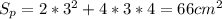 S_p=2*3^2+4*3*4=66cm^2