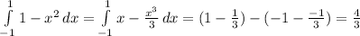 \int\limits^1_{-1} {1-x^2} \, dx=\int\limits^1_{-1} {x-\frac{x^3}{3}} \, dx=(1-\frac{1}{3})-(-1-\frac{-1}{3})=\frac{4}{3}