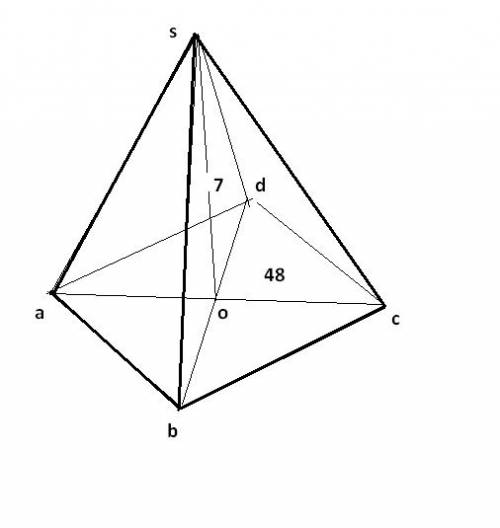 Вправильной чеиырех угольной пирамиде sabcd o центр,s вершина so=7 aс=48 найти боковое ребро sb