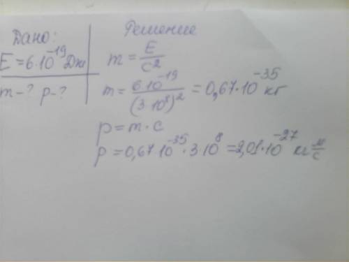 Найти массу и импульс фотона,энергия которого 6*10^-19дж