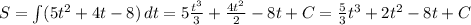 S=\int(5t^{2}+4t-8)\, dt=5\frac{t^{3}}{3}+\frac{4t^{2}}{2}-8t+C=\frac{5}{3}t^{3}+2t^{2}-8t+C