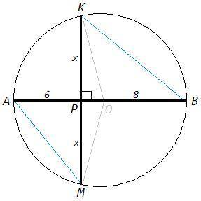Диаметр ab окружности перпендикулярен хорде km и пересекает её в точке p. найдите длину хорды km, ес