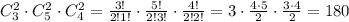 C_3^2\cdot C_5^2\cdot C_4^2=\frac{3!}{2!1!}\cdot\frac{5!}{2!3!}\cdot\frac{4!}{2!2!}=3\cdot\frac{4\cdot5}{2}\cdot\frac{3\cdot4}{2}=180