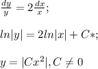 \frac{dy}{y}=2\frac{d x}{x};\\\\ln|y|=2ln|x|+C*;\\\\y=|Cx^2|, C \neq 0