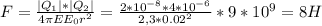 F=\frac{|Q_1|*|Q_2|}{4\pi EE_0r^{2}}=\frac{2*10^{-8}*4*10^{-6}}{2,3*0.02^{2}}*9*10^9=8H