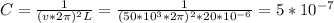 C=\frac{1}{(v*2\pi)^2L}=\frac{1}{(50*10^3*2\pi)^2*20 * 10^{-6}}=5*10^{-7}