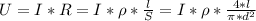 U=I*R=I*\rho*\frac{l}{S}=I*\rho*\frac{4*l}{\pi*d^{2}}