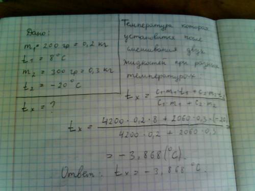 Всосуд, содержащий воду массой 200 г при температуре 8 градусов, погружают лёд массой 300 г ,имеющий