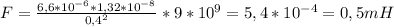 F=\frac{6,6*10^{-6}*1,32*10^{-8}}{0,4^2}*9*10^9=5,4*10^{-4}=0,5mH