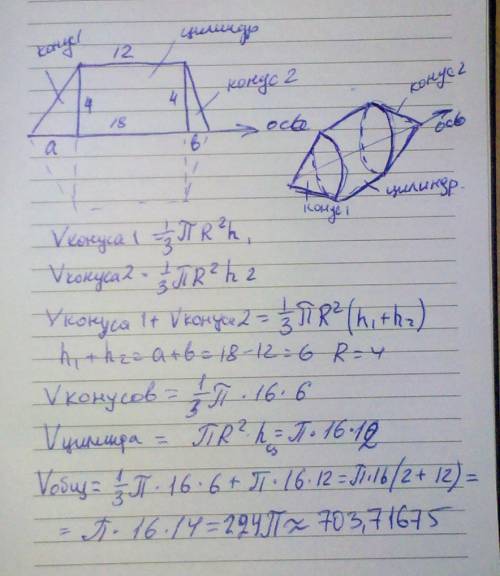 Равнобочная трапеция с основаниями 12см и 18см и высотой 4 см врашается около большого основания .на