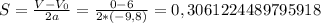 S=\frac{V-V_0}{2a}=\frac{0-6}{2*(-9,8)}=0,3061224489795918