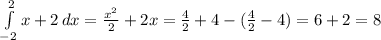 \int\limits^2_{-2} {x+2} \, dx = \frac{x^2}{2}+2x = \frac{4}{2}+4-(\frac{4}{2}-4) = 6+2=8