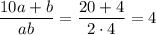 \dfrac {10a+b}{ab}=\dfrac {20+4}{2\cdot4}=4