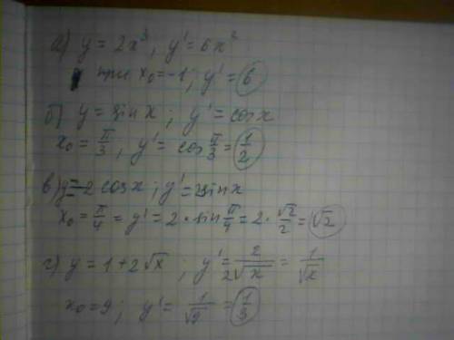 Найдите производную функции в точке x0: а)y=2x в кубе, если х0=-1 б) y=sin x , если х0=п/3 в)y=-2cos