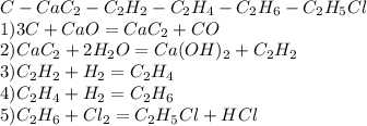 C-CaC_2-C_2H_2-C_2H_4-C_2H_6-C_2H_5Cl\\1)3C+CaO=CaC_2+CO\\2)CaC_2+2H_2O=Ca(OH)_2+C_2H_2\\3)C_2H_2+H_2=C_2H_4\\4)C_2H_4+H_2=C_2H_6\\5)C_2H_6+Cl_2=C_2H_5Cl+HCl