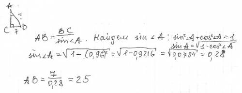 Втреугольнике abc угол c равен 90*, а cos a =0,96 , bc= 7. найдите ab