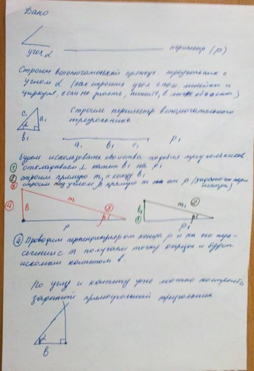 Как построить прямоугольный треугольник по острому углу и периметру при циркуля,линейки,карандаша