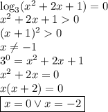 \\\log_3(x^2+2x+1)=0 \\ x^2+2x+10\\ (x+1)^20\\ x\not=-1\\ 3^0=x^2+2x+1\\ x^2+2x=0\\ x(x+2)=0\\ \boxed{x=0 \vee x=-2}