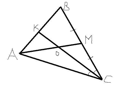 Пожулуйста решить по ! это важно! 9 класс в треугольнике abc медиана am делит биссектриссу ck в отно