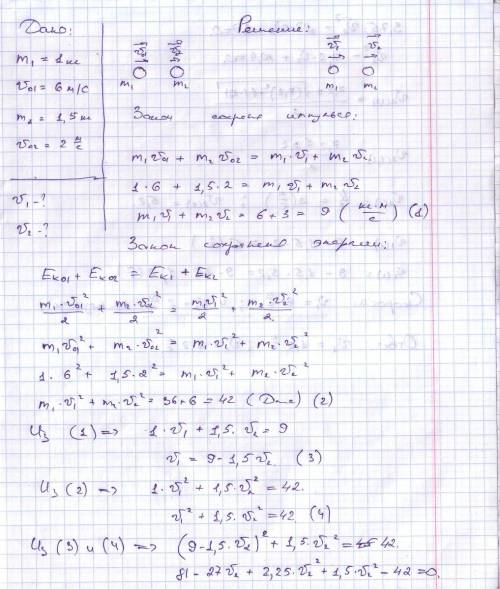 Шар массой 1 кг двигаясь со скоростью 6 м/с догоняет шар массой 1,5 кг , движущийся по тому же напра