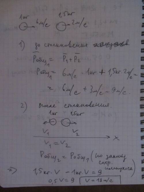 Шар массой 1 кг двигаясь со скоростью 6 м/с догоняет шар массой 1,5 кг , движущийся по тому же напра