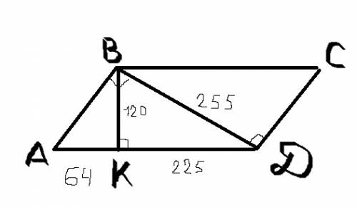 Впараллелограмме abcd высота, опущенная из вершины тупого угла в делит сторону аd на отрезки ак=64 с