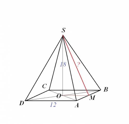 Сторона основания правильной четырёхугольной пирамиды равна 12, а высота пирамиды равна 18. найдите