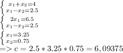 \left \{ {{x_1+x_2=4} \atop {x_1-x_2=2.5}} \right. \\\ \left \{ {{2x_1=6.5} \atop {x_1-x_2=2.5}} \right. \\\ \left \{ {{x_1=3.25} \atop {x_2=0.75}} \right. \\\ = c=2.5*3.25*0.75=6,09375