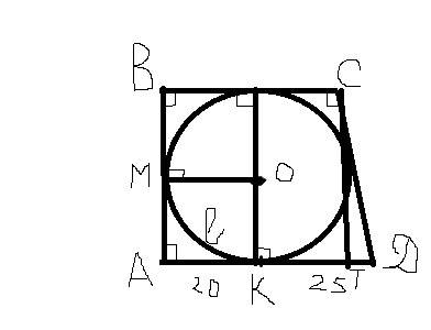 Точка касания окружности, вписанной в прямоугольную трапецию, делит ее большую основу для отрезки 20