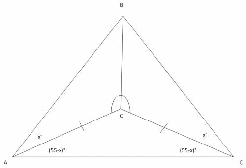 Втреугольнике abc угол a равен 55 градусов. внутри треугольника отмечена точка о так, что угол aob=