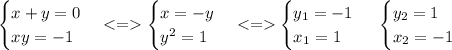 \begin{cases} x+y=0 \\ xy=-1 \end{cases}<=\begin{cases} x=-y \\ y^2=1 \end{cases}<=\begin{cases} y_1=-1 \\ x_1=1 \end{cases}\ \begin{cases} y_2=1 \\ x_2=-1 \end{cases}\