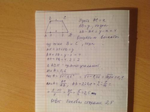Різниця двох основ рівнобедреної трапеції дорівнює 4. синус кута при основі дорівнює 0,6. знайдіть д