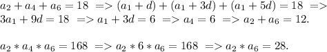 a_2+a_4+a_6 =18\ = (a_1+d)+(a_1+3d)+(a_1+5d)=18\ =\\&#10;3a_1+9d=18\ = a_1+3d=6\ = a_4=6\ = a_2+a_6=12.\\\\&#10;a_2*a_4*a_6=168\ = a_2*6*a_6=168\ = a_2*a_6=28.