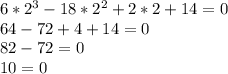 6*2^3-18*2^2+2*2+14=0\\ 64-72+4+14=0\\ 82-72=0\\ 10=0