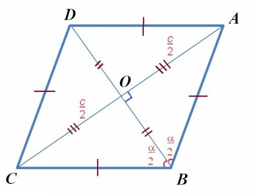 Більша діагональ ромба дорівнює с , а тупий кут а . знайдіть перимнтр ромба а це альфа