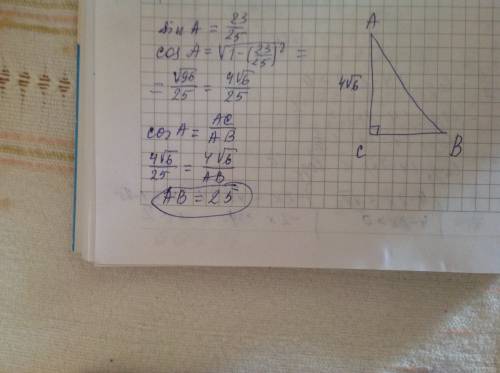 Втреугольнике авс угол с равен 90, синус угла а равен 23/25, ас равен 4 корень из 6 найти ав
