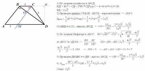 Дана трапеция abcd. bc: верхнее меньшее основание=2см. cd: боковая сторона=4см. уголbcd=120 угол abd