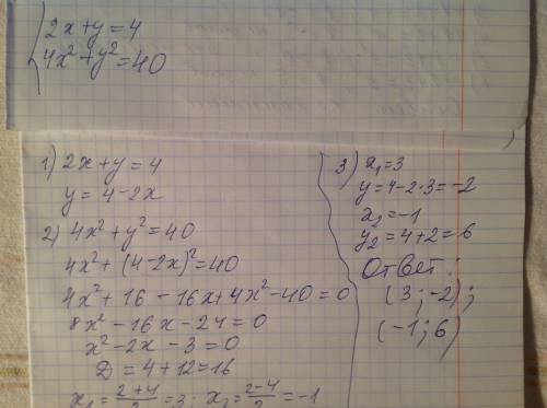 Найдите х у в системе уравнений фигурная скобка 2х+у=4 4х(2)+у(2)=40 число в скобках (2) - квадрат