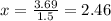 x = \frac{3.69}{1.5} = 2.46