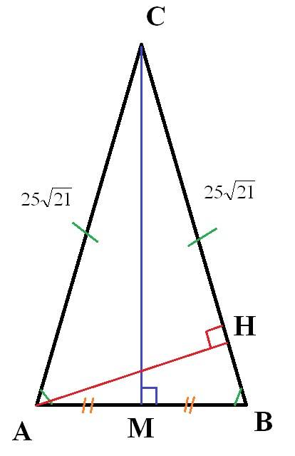 Втреугольнике abc ac = bc = 25 корней из 21 , sin угла bac = 0.4 .найдите высоту ah