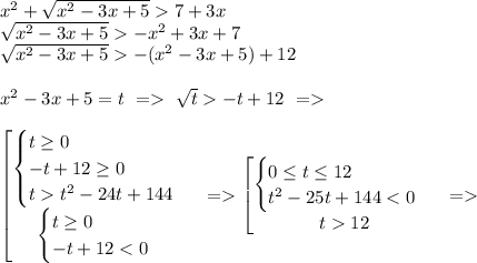 x^2+\sqrt{x^2-3x+5}7+3x\\ \sqrt{x^2-3x+5}-x^2+3x+7\\ \sqrt{x^2-3x+5}-(x^2-3x+5)+12\\\\ x^2-3x+5 = t\ = \ \sqrt{t}-t+12\ =\\\\ \left[ \begin{matrix} \begin{cases} t \geq0 \\ -t+12 \geq0 \\ tt^2-24t+144 \end{cases} \\ \begin{cases} t \geq0 \\ -t+12<0 \end{cases} \end{matrix}\right\ = \left[ \begin{matrix} \begin{cases} 0 \leq t \leq 12 \\ t^2-25t+144<0 \end{cases} \\ t 12 \end{matrix}\right\ =