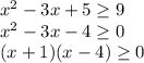 x^2-3x+5 \geq 9\\ x^2-3x-4 \geq 0\\ (x+1)(x-4) \geq 0