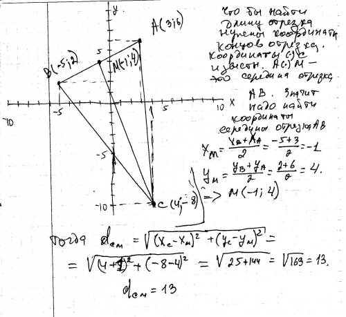 Даны координаты вершин треугольника авс: а(3; 6); в (-5; 2); с (4; -8). найдите длину ме-дианы треуг