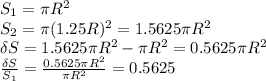 S_1=\pi R^2&#10;\\\&#10;S_2=\pi (1.25R)^2=1.5625\pi R^2&#10;\\\&#10;\delta S=1.5625\pi R^2-\pi R^2=0.5625\pi R^2&#10;\\\&#10; \frac{\delta S}{S_1} = \frac{0.5625\pi R^2}{\pi R^2} =0.5625