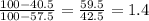 \frac{100-40.5}{100-57.5}= \frac{59.5}{42.5}=1.4