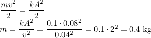 \dfrac{mv^2}2=\dfrac{kA^2}2 \\ m=\dfrac{kA^2}{v^2}=\dfrac{0.1\cdot0.08^2}{0.04^2}=0.1\cdot2^2=0.4\text{ kg}