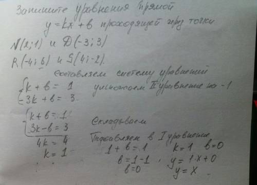 Запишите уравнение прямой y=kx+b , проходящей через точки : 1)n (2; 1) и d (-3; 3); 2) r (-4; 6) и s