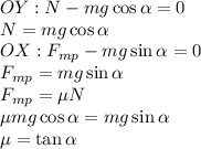 OY: N-mg\cos\alpha=0\\N=mg\cos\alpha\\OX:F_{mp}-mg\sin\alpha=0\\F_{mp}=mg\sin\alpha\\F_{mp}=\mu N\\\mu mg\cos\alpha=mg\sin\alpha\\\mu=\tan\alpha