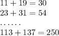 11+19=30\\23+31=54\\\dots\dots\\ 113+137=250