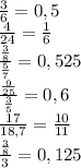 \frac{3}{6}=0,5 &#10;\\\&#10; \frac{4}{24} = \frac{1}{6} &#10;\\\&#10; \frac{ \frac{3}{8} }{ \frac{5}{7} } =0,525&#10;\\\&#10; \frac{ \frac{9}{25} }{ \frac{3}{5} } =0,6&#10;\\\&#10; \frac{17}{18,7} = \frac{10}{11} &#10;\\\&#10; \frac{ \frac{3}{8} }{3} =0,125